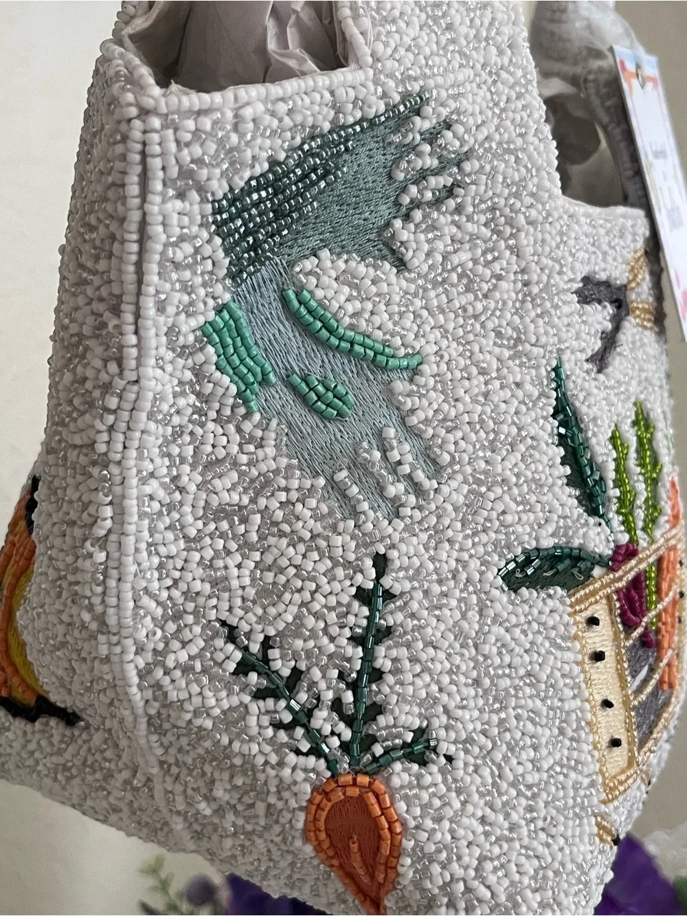 Beaded Garden Tote Bag in Cream - Hand-Embroidered Women’s Bag nwt